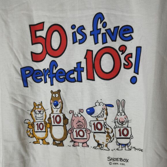 Shoebox Shirt Mens XL White Vintage Graphic 50 Is 5 Perfect 10s Humor Animals - Picture 2 of 6